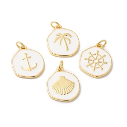 Honeyhandy Rack Plating Brass Enamel Pendants, Long-Lasting Plated, Cadmium Free & Lead Free, Real 18K Gold Plated, Flat Round Charm, Mixed Shapes, 18x15.5x2mm, Hole: 3.4mm