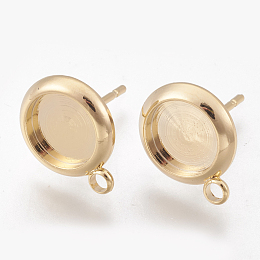 Honeyhandy Brass Stud Earring Settings, with Loop, Nickel Free, Real 18K Gold Plated, Tray: 8mm, 13.5x11mm, Hole: 2mm