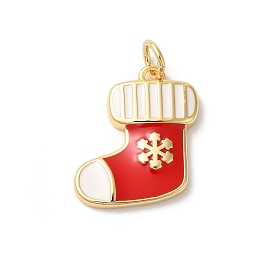 Christmas Rack Plating Brass Enamel Pendants, with Jump Ring, Long-Lasting Plated, Cadmium Free & Lead Free, Christmas Socking Charm, Real 18K Gold Plated, Red, 21x16x3mm, Hole: 3mm