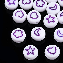 Honeyhandy White Opaque Acrylic Beads, Flat Round with Heart & Flower & Moon & Star, Dark Violet, 7x4mm, Hole: 1.6mm