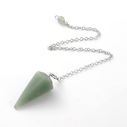 Honeyhandy Platinum Tone Brass Green Aventurine Cone Dowsing Pendulum Pendants, with Lobster Claw Clasps, 230x3mm