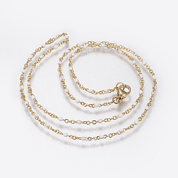 Honeyhandy 304 Stainless Steel Chain Necklaces, with Enamel Links, Golden, White, 17.91 inch(45.5cm), 1.5~2mm