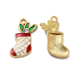 Alloy Enamel Pendants, with Rhinestone, Christmas Sock Charm, Golden, 23x17.5x4.5mm, Hole: 1.8mm