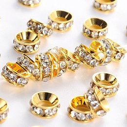 Honeyhandy Brass Rhinestone Spacer Beads, Grade A, Rondelle, Golden Metal Color, Crystal, 7x3.3mm, Hole: 3.5mm