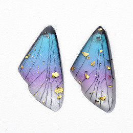 Honeyhandy Transparent Resin Pendants, with Gold Foil, Insects Wing, Medium Turquoise, 24.5x11.5x2mm, Hole: 1mm