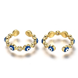 Honeyhandy Brass Micro Pave Clear Cubic Zirconia Cuff Rings, Open Rings, with Enamel, Long-Lasting Plated, Evil Eye, Blue, Real 18K Gold Plated, US Size 6, Inner Diameter: 17mm