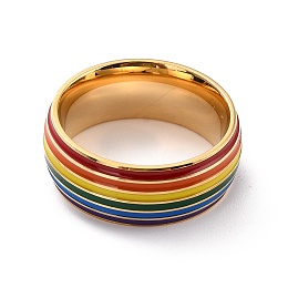 Honeyhandy Rainbow Pride Finger Ring, Stripe Grooved Flat Titanium Steel Finger Ring for Women, Golden, US Size 7(17.3mm)