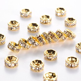 Honeyhandy Brass Grade A Rhinestone Spacer Beads, Golden Plated, Rondelle, Nickel Free, Crystal, 6x3mm, Hole: 1mm