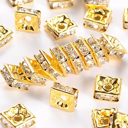 Honeyhandy Brass Rhinestone Spacer Beads, Grade A, Square, Nickel Free, White, Golden Metal Color, Size: about 6mmx6mmx3mm, hole: 1mm