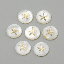 Honeyhandy Freshwater Shell Pendants, Flat Round & Starfish/Sea Stars, Golden, 16x3.5~4mm, Hole: 1.2mm