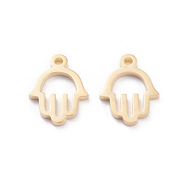 Honeyhandy 304 Stainless Steel Charms, Laser Cut, Hamsa Hand/Hand of Miriam, Real 18K Gold Plated, 12x9x1mm, Hole: 1.2mm