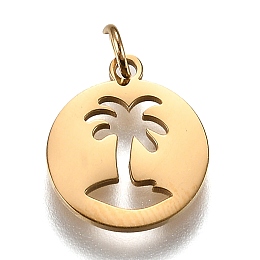 Honeyhandy 316L Surgical Stainless Steel Pendants, with Jump Rings, Flat Round with Hollow Palm Tree, Real 18K Gold Plated, 16x13.5x1mm, Hole: 3mm