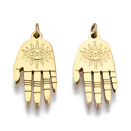 Honeyhandy 304 Stainless Steel Pendants, with Jump Rings, Hamsa Hand/Hand of Fatima/Hand of Miriam with Eye, Real 14K Gold Plated, 15x7.5x1mm, Jump Ring: 2.7x0.4mm, 1.9mm inner diameter