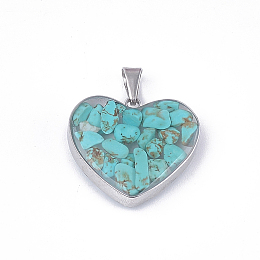 Honeyhandy Natural Howlite Pendants, Dyed & Heated, with Glass and 304 Stainless Steel Findings, Heart, Stainless Steel Color, 19x21x6mm, Hole: 3x5.5mm