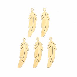 Honeyhandy Rack Plating 201 Stainless Steel Pendants, Etched Metal Embellishments, Nickel Free, Feather, Real 18K Gold Plated, 22.5x6x0.4mm, Hole: 1.2mm