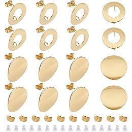 UNICRAFTALE 20pcs 2 Styles Golden Flat/Hollow Round Stud Earring Findings with Silicone Ear Nuts Stainless Steel Findings with Loop 304 Stainless Steel Stud Earring with Flat Plate for Jewelry Making