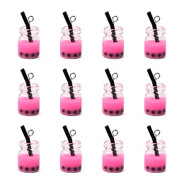 Honeyhandy Glass Bottle Pendants, with Resin Inside and Iron Findings, Imitation Bubble Tea/Boba Milk Tea, Hot Pink, 20~25x11~14x11mm, Hole: 1.8mm