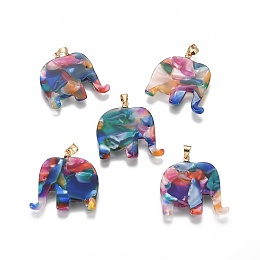 Honeyhandy Resin Pendants, with Brass Finding, Elephant, Golden, Colorful, 27x27x2.5mm, Hole: 4x5mm