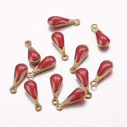 Honeyhandy Antique Golden Plated Brass Enamel teardrop, Charms, Enamelled Sequins, Red, 11x4x3mm, Hole: 1mm