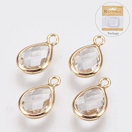 Honeyhandy Glass Charms, with Brass Findings, Faceted Teardrop, Clear, Nickel Free, Real 18K Gold Plated, 12x7x3mm, Hole: 1.2mm