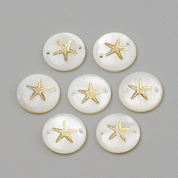 Honeyhandy Freshwater Shell Links connectors, Flat Round & Starfish/Sea Stars, Golden, 16x4mm, Hole: 1.1~1.5mm