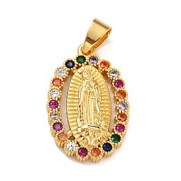 Honeyhandy Brass Micro Pave Colorful Cubic Zirconia Pendants, Lady of Guadalupe Charms, Oval with Virgin Mary, Real 18K Gold Plated, 26x16.5x3mm, Hole: 6.5x4mm