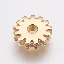 Honeyhandy Brass Micro Pave Cubic Zirconia Bead Spacers, Flat Round/Gear, Clear, Golden, 8x2mm, Hole: 2mm