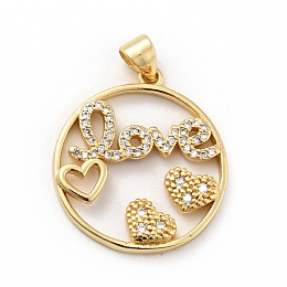 Honeyhandy Rack Plating Brass Micro Pave Clear Cubic Zirconia Pendants, Long-Lasting Plated, Lead Free & Cadmium Free, Round Ring with Heart and Word Love, Real 18K Gold Plated, 24x22x3mm, Hole: 3.5x4mm