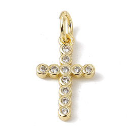 Honeyhandy Brass Micro Pave Cubic Zirconia Charms, with Jump Rings, Religion Cross Charms, Real 18K Gold Plated, 14x9x1.5mm, Hole: 3.4mm