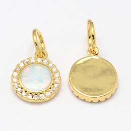 Honeyhandy Brass Micro Pave Cubic Zirconia Charms, with Synthetic Opal, Flat Round, Golden, 12x9.5x2mm, Hole: 4mm