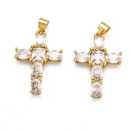 Honeyhandy Brass Micro Pave Clear Cubic Zirconia Pendants, Long-Lasting Plated, Cross, Real 18K Gold Plated, 26.5x18x4.5mm, Hole: 3x4mm