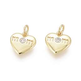 Honeyhandy Golden Plated Brass Charms, with Cubic Zirconia and Jump Rings, Heart with Word Mom, for Mother's Day, Clear, 11x11x2mm, Hole: 2.5mm