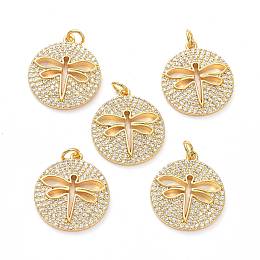 Honeyhandy Brass Micro Pave Clear Cubic Zirconia Pendants, with Jump Ring, Long-Lasting Plated, Flat Round with Dragonfly, Real 18K Gold Plated, 22x19x3mm, Jump Rings: 5x1mm, 3mm Inner Diameter