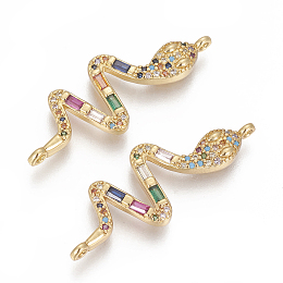 Honeyhandy Brass Micro Pave Cubic Zirconia Links, Cadmium Free & Lead Free, Snake, Colorful, Golden, 35x13x2.5mm, Hole: 1.2mm