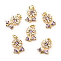 Arricraft Brass Micro Pave Lilac Cubic Zirconia Pendants, Long-Lasting Plated, Flower, Real 18K Gold Plated, 18x11x2.5mm, Hole: 3.5mm, Ring: 5x1mm