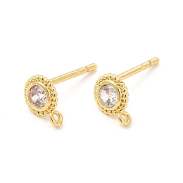 Honeyhandy Brass Micro Pave Cubic Zirconia Stud Earring Findings, with Vertical Loops, Flat Round, Cadmium Free & Lead Free, Real 18K Gold Plated, 7.5x5.5mm, Hole: 0.8mm, Pin: 0.8mm