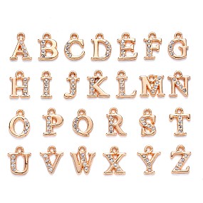 Honeyhandy Alloy Rhinestone Charms, Alphabet, Letter A~Z, Crystal, Light Gold, 12.5~13.5x5.5~12x2.5mm, Hole: 1.4mm, 26pcs/set