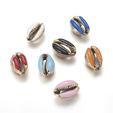 Electroplated Cowrie Shell Beads, with Enamel, Undrilled/No Hole Beads, Golden, Mixed Color, 18~22x13~15x7~8mm