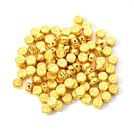 Honeyhandy CCB Plastic Beads, Flat Round with Random Mixed Letters, Golden, 7x4mm, Hole: 1.4mm, about 100pcs/bag