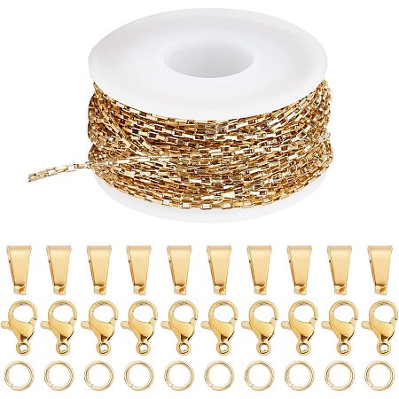 SUNNYCLUE 10M 32.8 Feet Stainless Steel Box Chain Bulk Venetian Chains Gold Chain Roll Rectangle Link Chains with Open Jump Rings for Jewelry Making Women Adults DIY Necklaces Bracelet Crafts