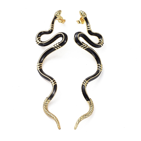 Honeyhandy Real 18K Gold Plated Vivid Snake Enamel Stud Earrings, Brass Cubic Zirconia Long Earrings for Girl Women, Black, 78~79x22mm, Pin: 0.8mm