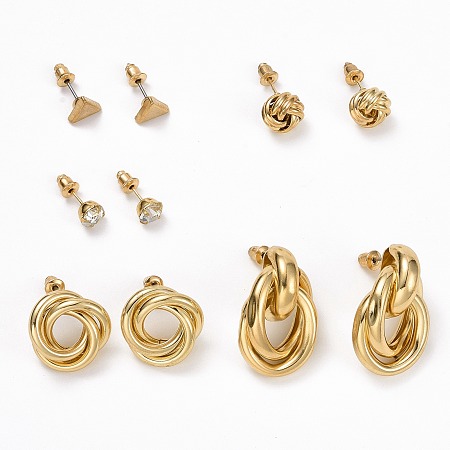 ARRICRAFT Ring & Triangle & Knot Rhinestone Stud Earrings, Interlock Rings Drop Earrings for Women, Golden, 7~29.5x7~17mm, Pin: 0.8mm, 5 pairs/set