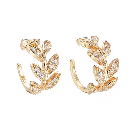 Honeyhandy Brass Micro Pave Clear Cubic Zirconia Cuff Earrings, Leafy Branches, Golden, 15x8.5mm, Inner Diameter: 12mm