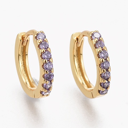 Honeyhandy Brass Micro Pave Cubic Zirconia Huggie Hoop Earrings, Long-Lasting Plated, Ring, Lilac, Real 18K Gold Plated, 12x14.5x2mm, Pin: 1mm