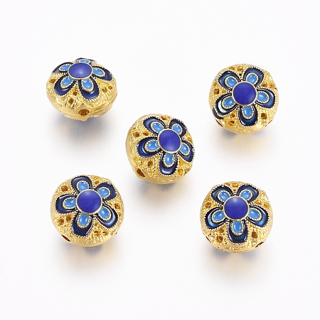 Enamel Style Alloy Beads, Flat Round with Flower, Golden, , Blue14x10mm, Hole: 1.5mm