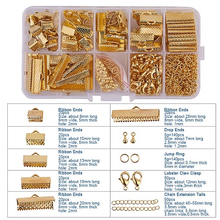 PandaHall Elite Jewelry Basics Class Kit Gold Lobster Clasp Jump Rings Alloy Drop End Pieces Ribbon Ends Twist Extender Chains Mix 10 Style Lots in In A Box
