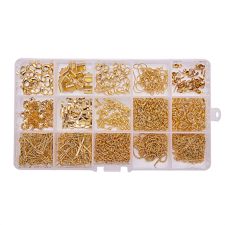 PandaHall Elite Golden Jewelry Finding Kits with Fold Over Ends Knot Covers Ball Chain Extensions End Pieces Earring Hooks Head Pins Lots in In A Box, about 870pcs/box