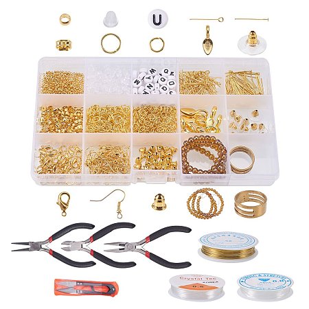 ARRICRAFT Golden Jewelry Findings Sets, with Alloy Bails/Clasps, Iron Jump Rings/Earring Findings/headpins, Brass Earnuts/Crimp Beads/Ring, Crystal Threads and Pliers Set