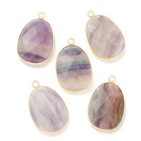 ARRICRAFT Natural Fluorite Pendants, with Golden Brass Findings, Oval, Faceted, 26x17x5.5mm, Hole: 1.5mm