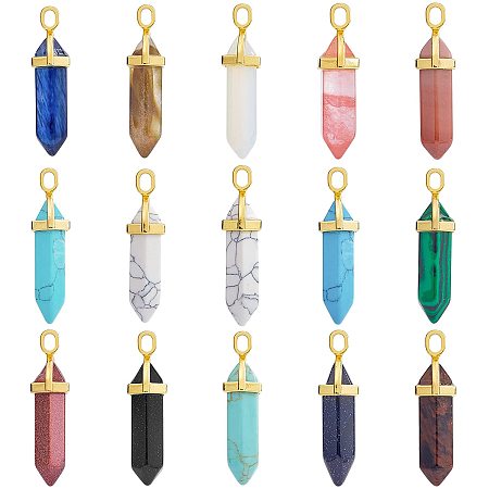 NBEADS 15 Pcs Hexagonal Crystal Pendants, Bullet Crystal Pendants Quartz Stone Pointed Gemstone Charms for Necklaces Jewelry Making